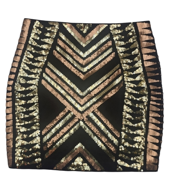 Express Sequin Mini Skirt with Black, Gold and Bronze Pattern Size XS - Picture 2 of 8